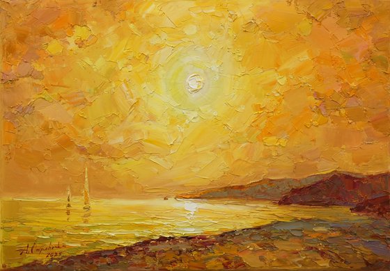 Yellow sunset by sea