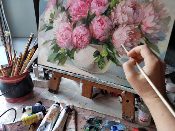 Pink peony painting original canvas art, Flowers art painting, Floral still life