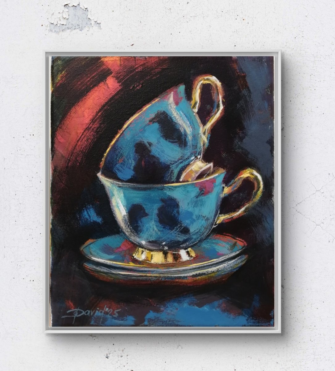 Expressive Still Life Acrylic Painting By Olga David, 9 X 12", Zwei Teetassen, Original Artwork