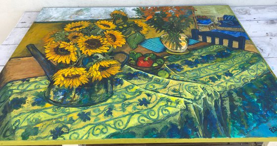 Sunflowers and French Tablecloth still Life, large,