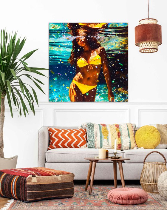 Beautiful black african american woman in a yellow bikini under water in the swimming pool, sea, ocean with blue turquoise color waves with bright sun glares. Female portrait artwork, sexy body figure woman. Positive relax holiday colorful wall art home decor