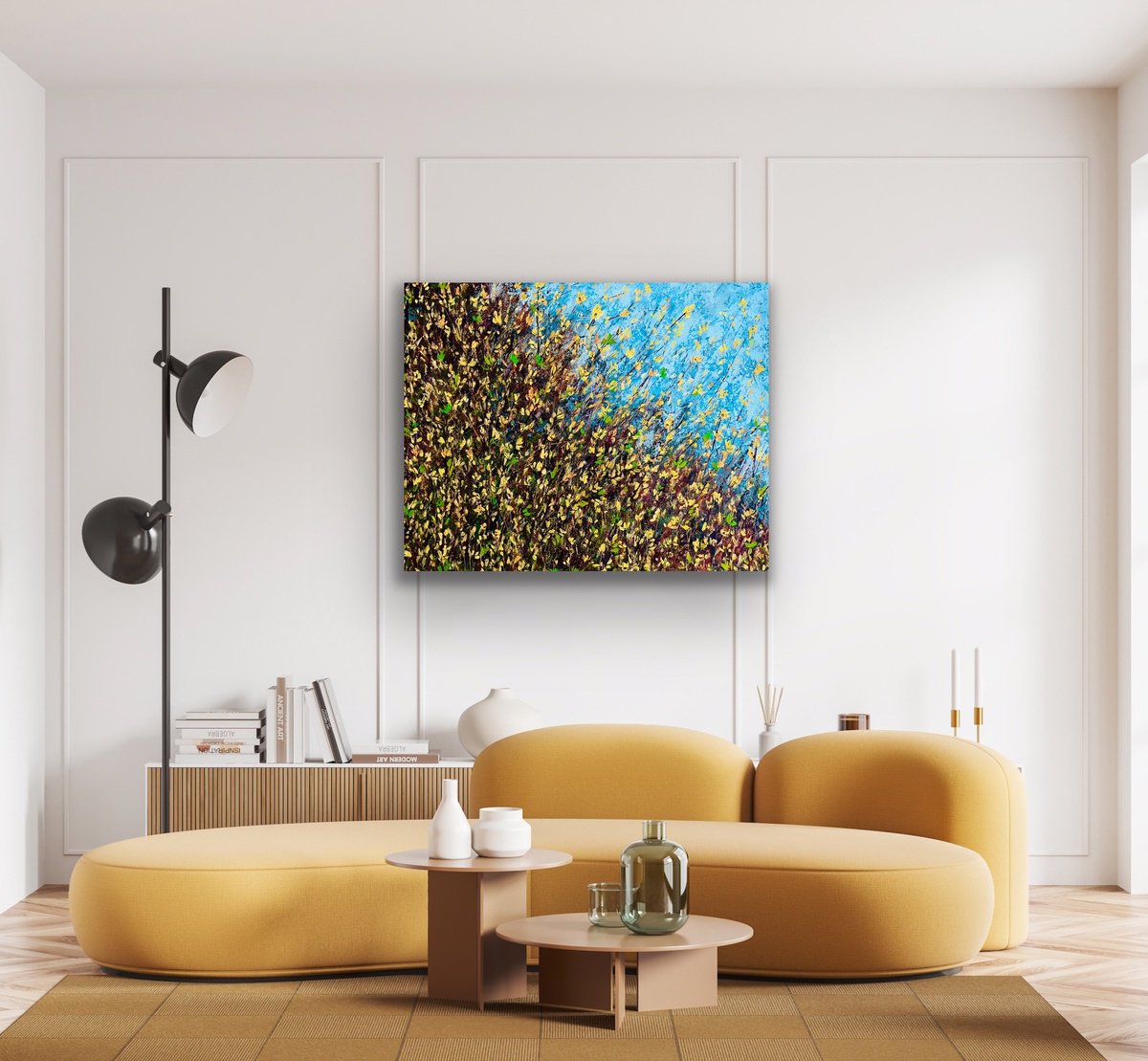 Impressionistic Botanical Acrylic Painting By Pooja Verma, 39 X 31", Forsythia Glow, Original Artwork