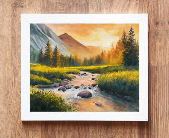 Pine trees by the river sunset