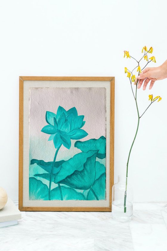 Turquoise lotus ! Monochrome painting! A3 size Painting on Indian handmade paper
