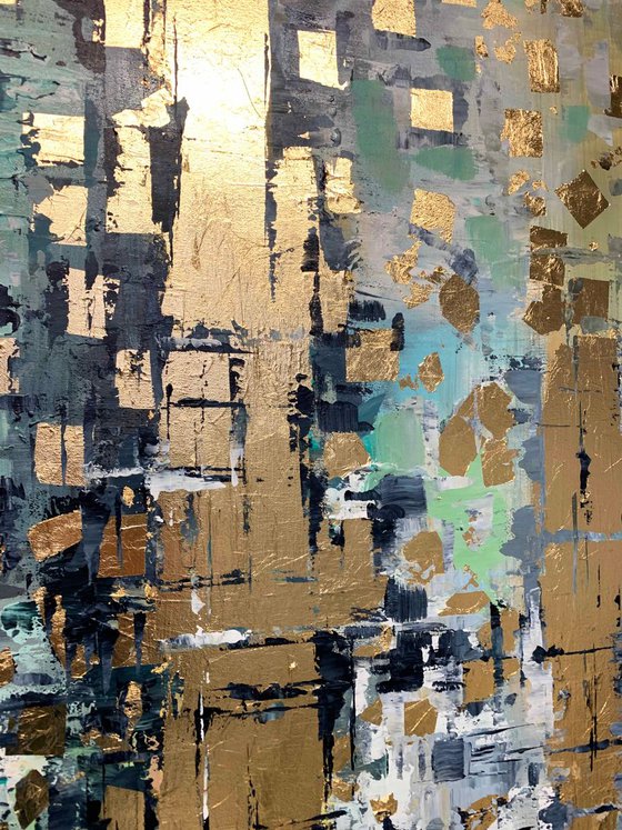 Cascade - Abstract Painting Large Canvas, Gold Leaf, Minimalist Painting, Green Aqua Abstract Painting by Lana Guise
