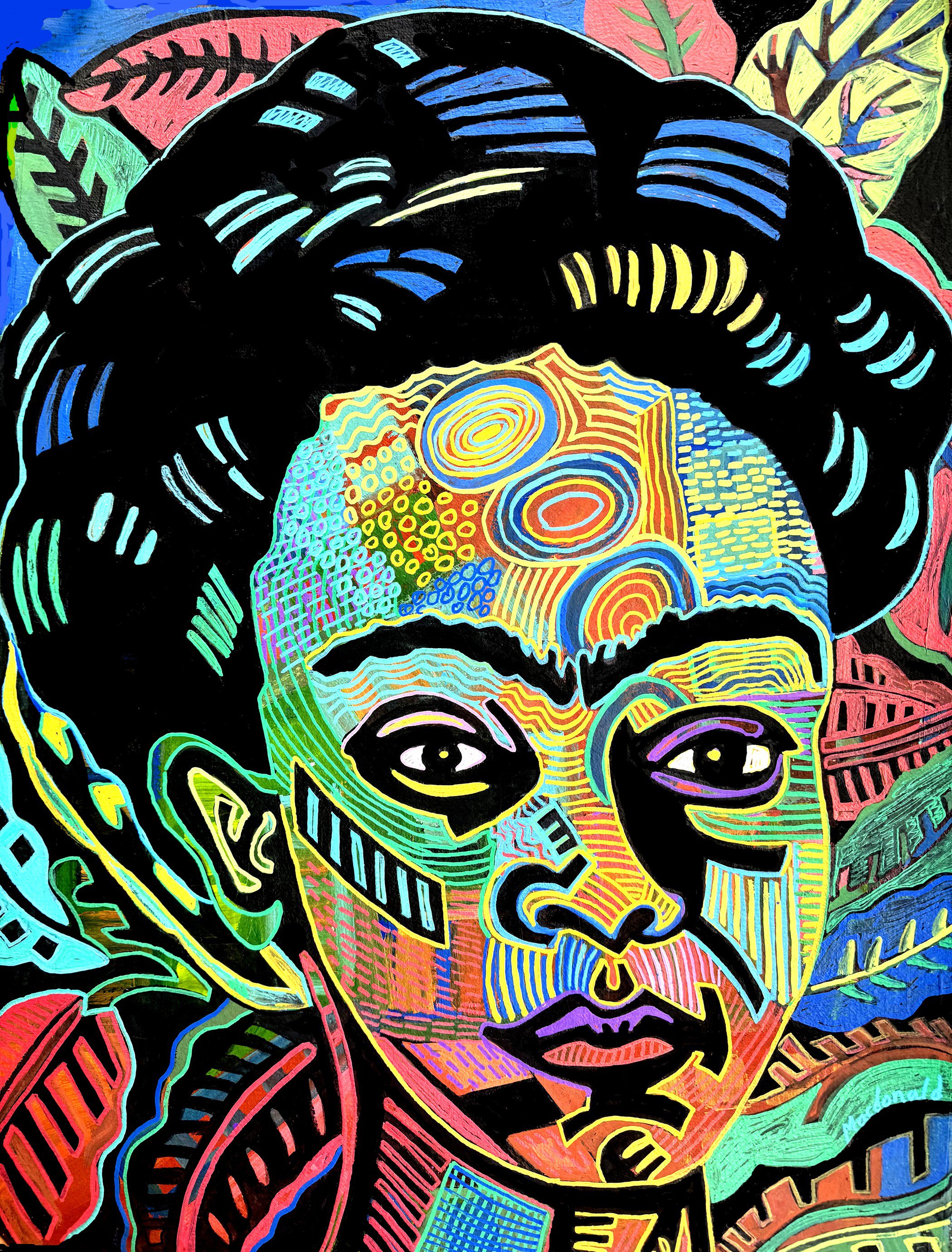 Illustrative Portrait Linocut By Laurel Macdonald, 24 X 30", Tropical Frida, Original Artwork