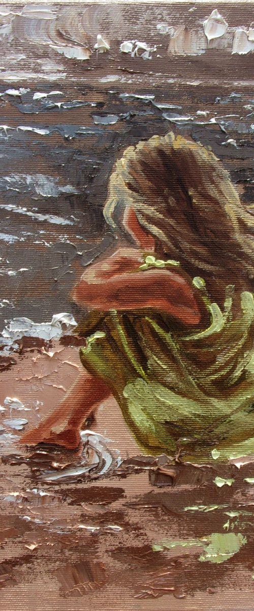 " DARK SKY " original painting SEA palette knife GIFT autumn by Monika Luniak