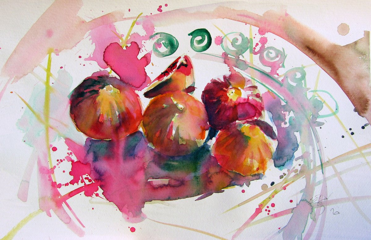 Expressive Still Life Watercolour By Kovacs Anna Brigitta, 15 X 10", Still Life With Figs, Original Artwork