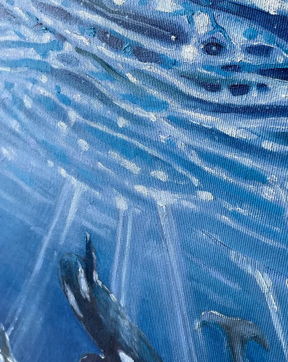 The flock of killer whales. Original oil painting