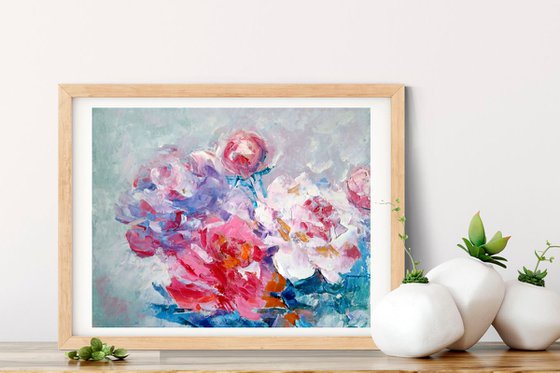 Peonies Painting Original Art Pink Floral Artwork Abstract Small Flower Wall Art