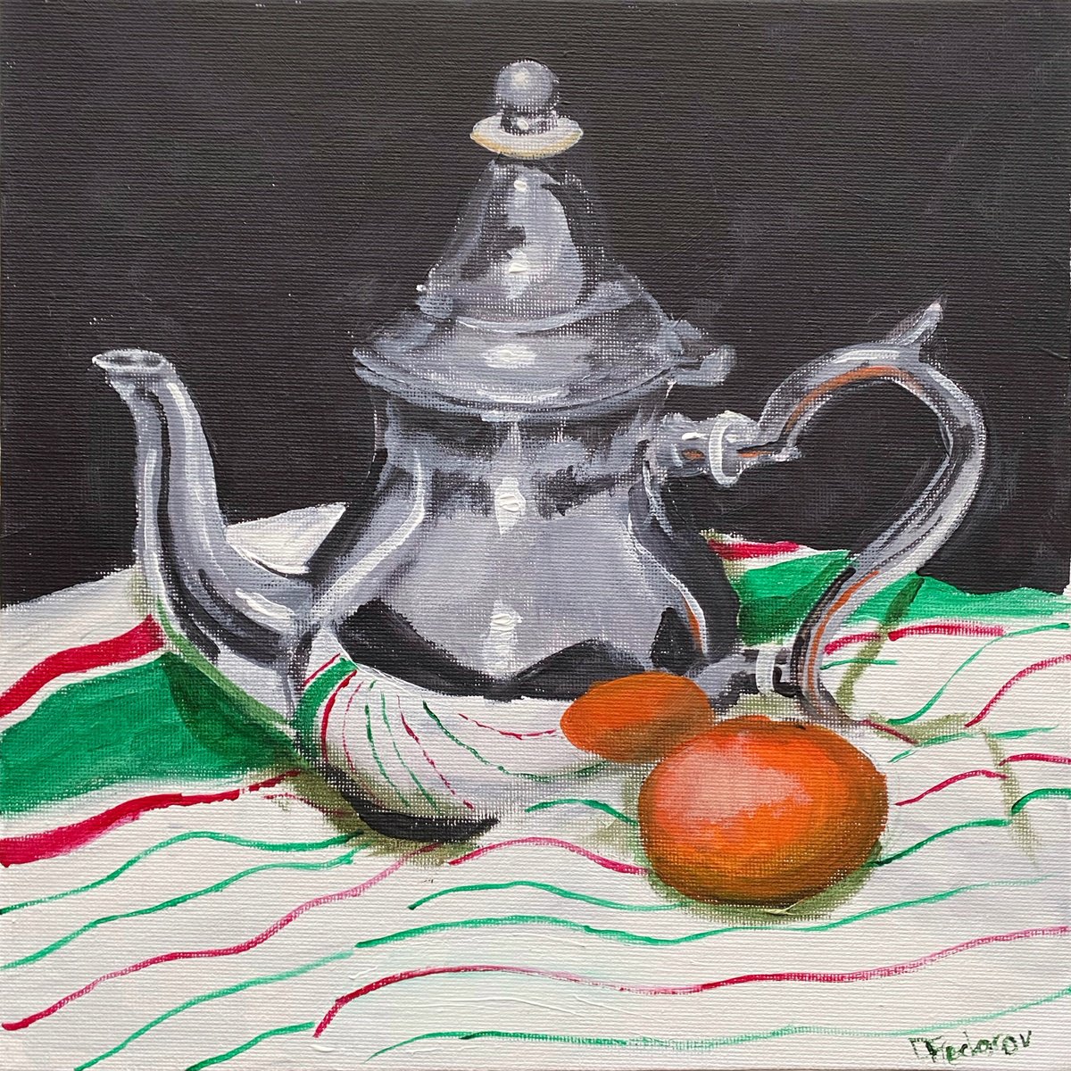 Impressionistic Still Life Acrylic Painting By Dmitry Fedorov, 10 X 10, Silver Teapot And Orange, Original Artwork