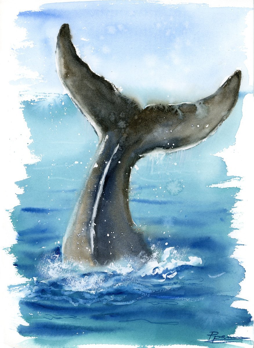 Impressionistic Animal Watercolour By Olga Tchefranov (Shefranov), 10 X 14", Whale Tale, Original Artwork