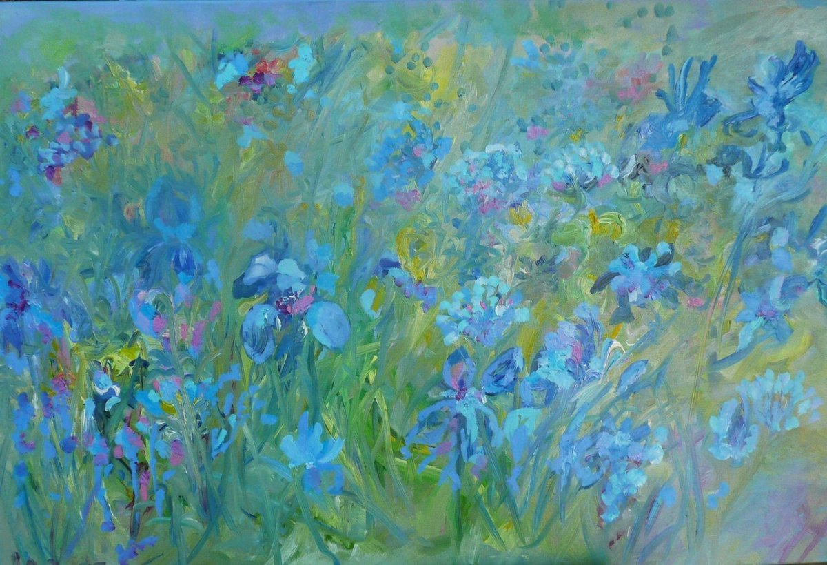Impressionistic Botanical Oil Painting By Lesley Blackburn, 36 X 24", Blue Irises 2025, Original Artwork