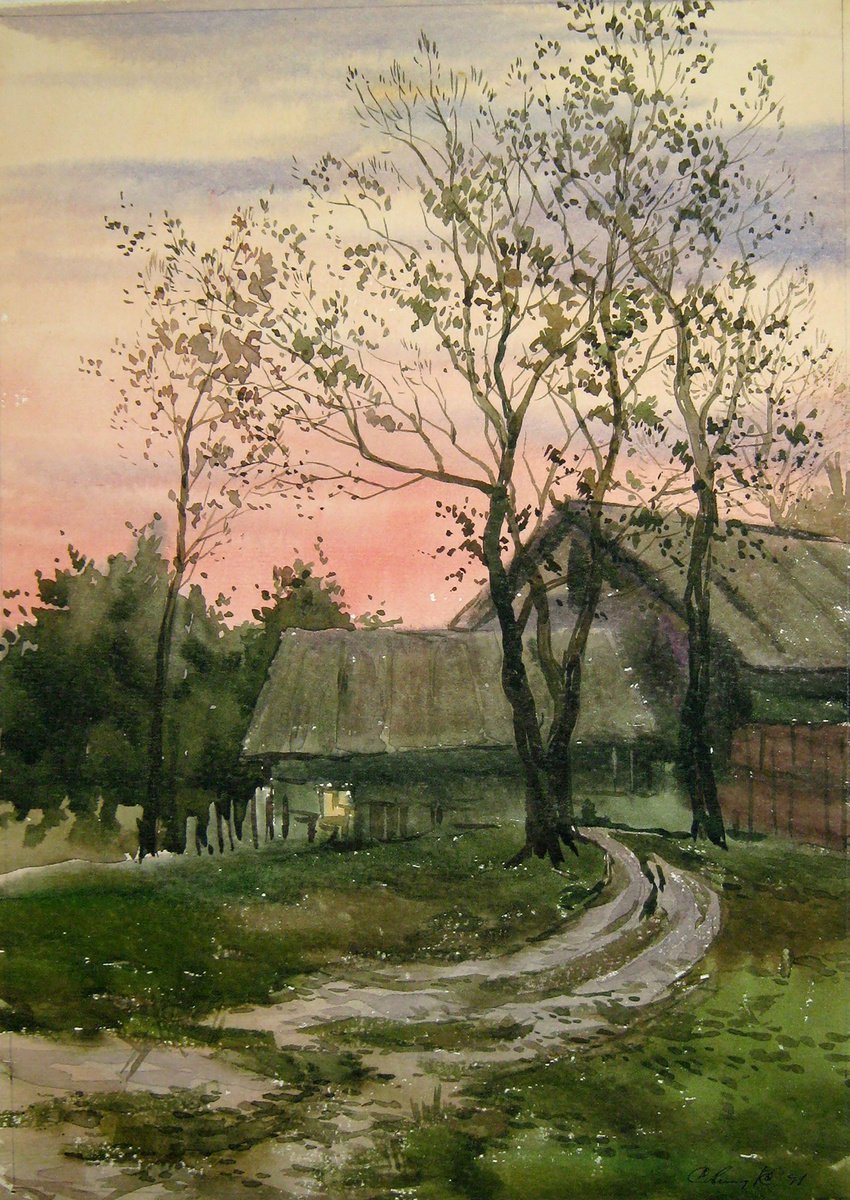 Impressionistic Landscape Watercolour By Valeriy Savenets-1, 10 X 15", Evening In The Village, Original Artwork