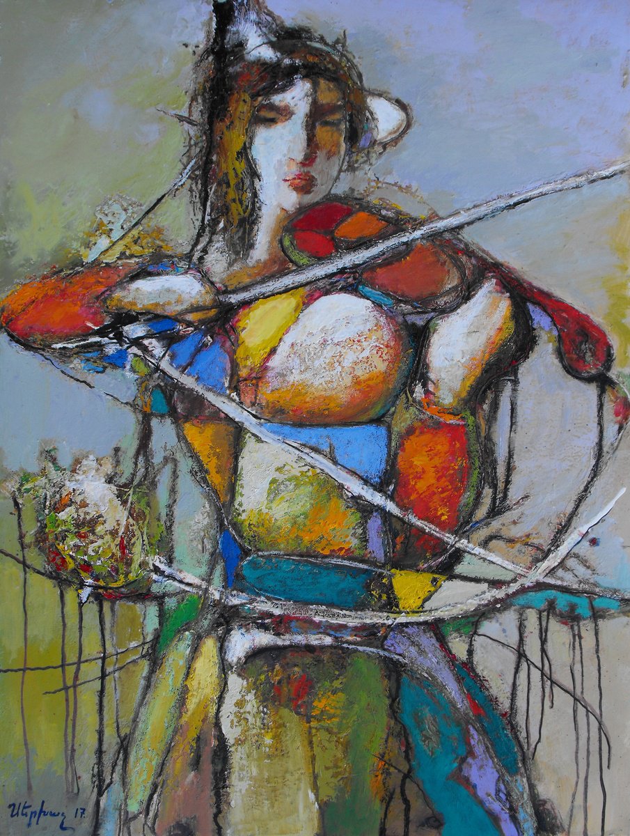 Abstract Portrait Oil Painting By Sergey Xachatryan, 20 X 28", The Violinist, Original Artwork