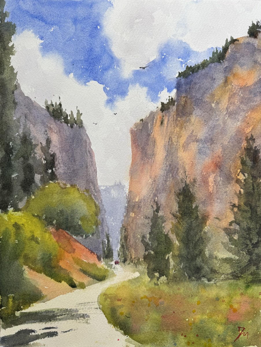 Impressionistic Landscape Watercolour By Shelly Du, 12 X 16", Driving Through The Canyon, Original Artwork