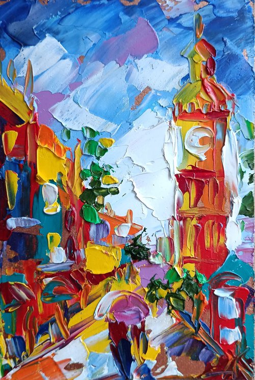 Big Ben view - small painting, United Kingdom cityscape, London, postcard, Big Ben, city, gift idea, gift, oil painting, big ben oil painting by Anastasia Kozorez
