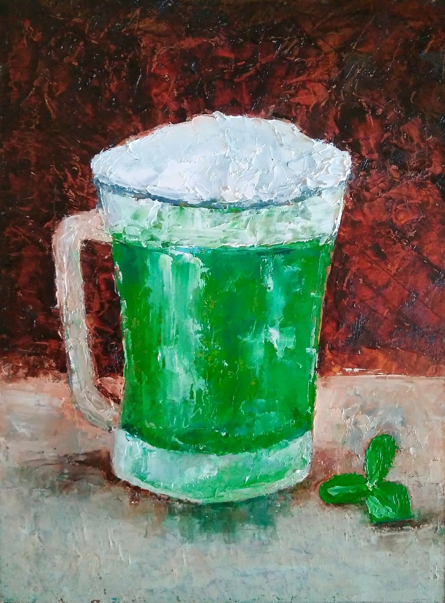 Green Beer Painting Original Art St. Patrick’s day Wall Art Clover Artwork by Yulia Berseneva