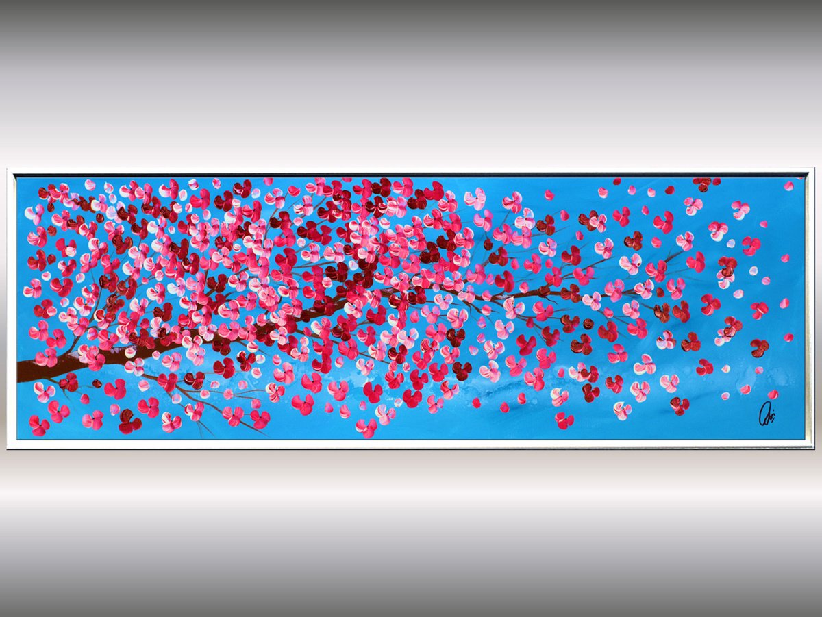 Gone with the Wind - Cherry Blossom Painting in Frame, 123 x 43 cm by Edelgard Schroer
