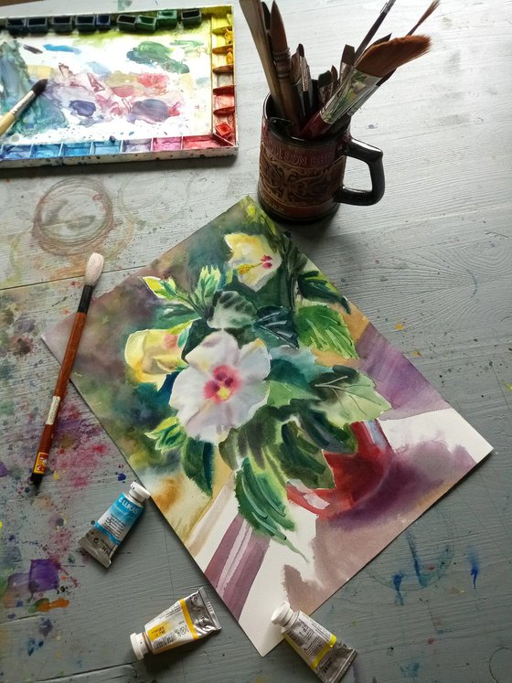 Hibiscus Flower in a Pot Watercolor Still Life Painting