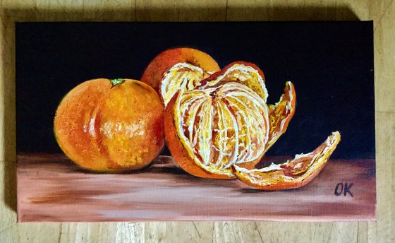 Still life with peeled Oranges. Oil painting.
