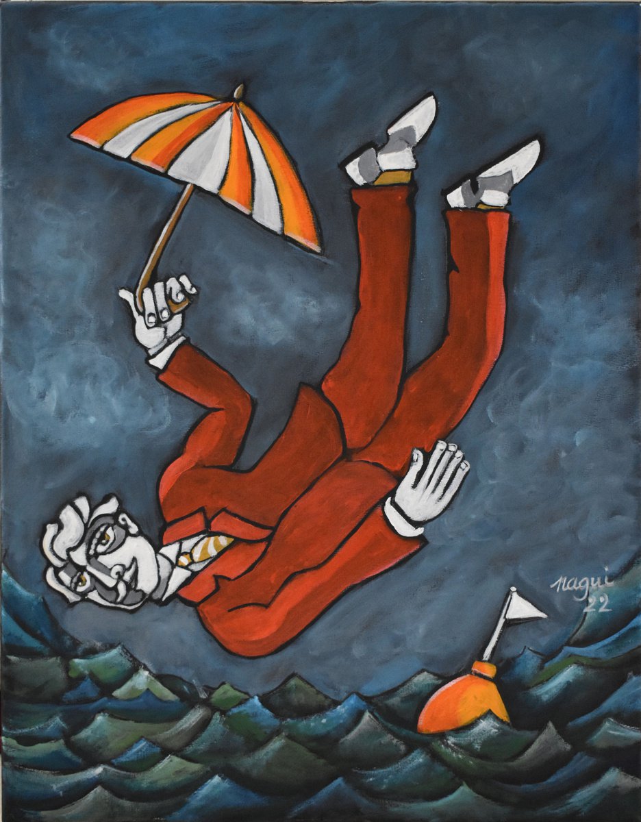 Expressive Portrait Acrylic Painting By Nagui, 16 X 20", Icarus Last Flight, Original Artwork