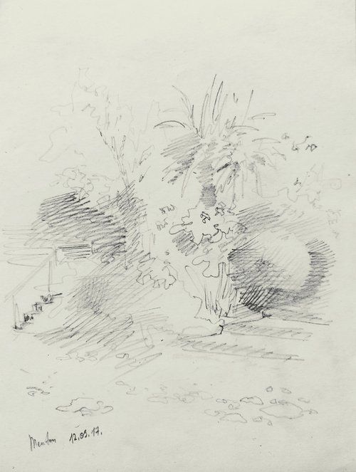 Sketch with a palm tree. France Cote d'Azur. Original pencil drawing. by Yury Klyan