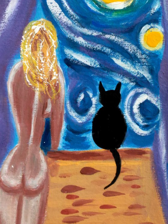 Cat Painting Animal Original Art Pet Artwork Home Wall Art 8 by 12 inches