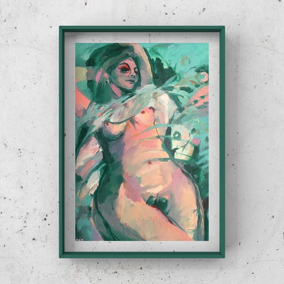 NAKED IN EMERALD - erotic semi-abstract wall art with a naked woman in pink and sky-blue colors