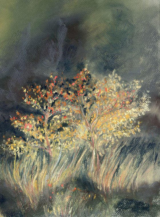 Autumn bright bushes soft pastel art