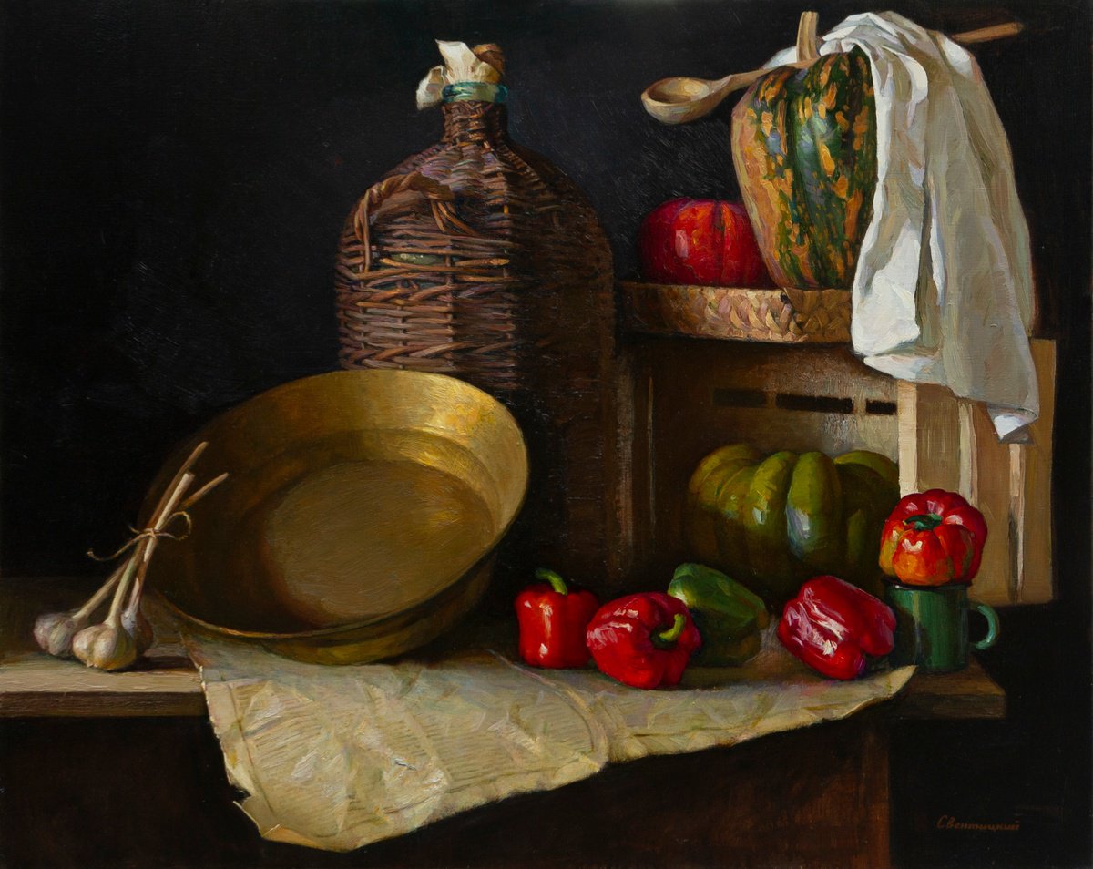 Impressionistic Still Life Oil Painting By Igor Sventitski, 49 X 39, Still Life With Peppers, Original Artwork