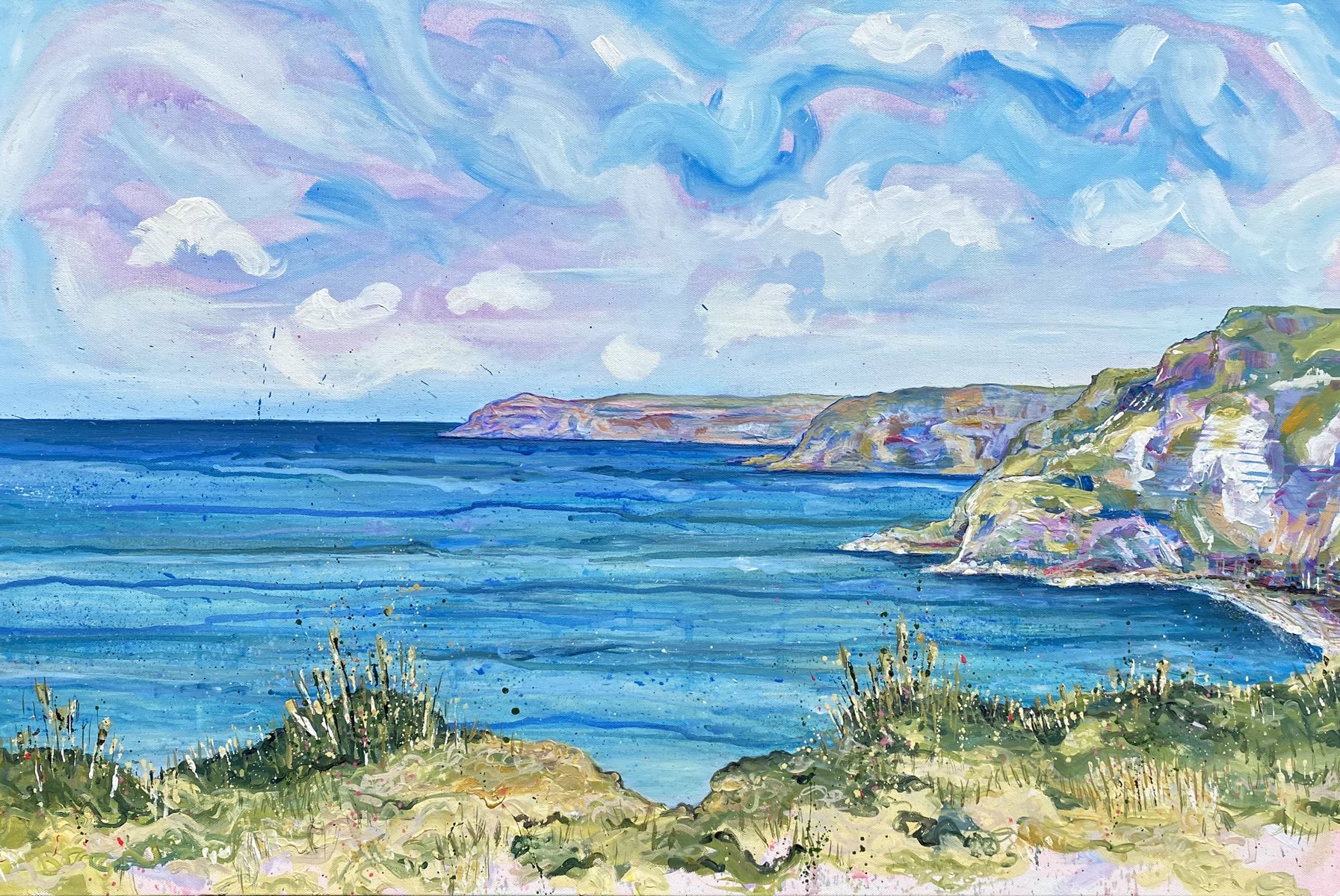 Expressive Landscape Acrylic Painting By Rebecca Carr, 35 X 24", Coastal Path Walk Seascape, Original Artwork