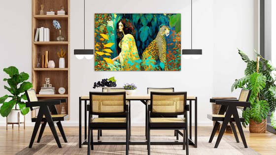 Woman and leopard in the jungle. Large female portrait wall home decor. Art Gift