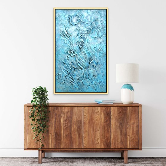 HIDDEN TREASURE. Large Abstract Blue Teal Silver Gray Textured Painting 3D
