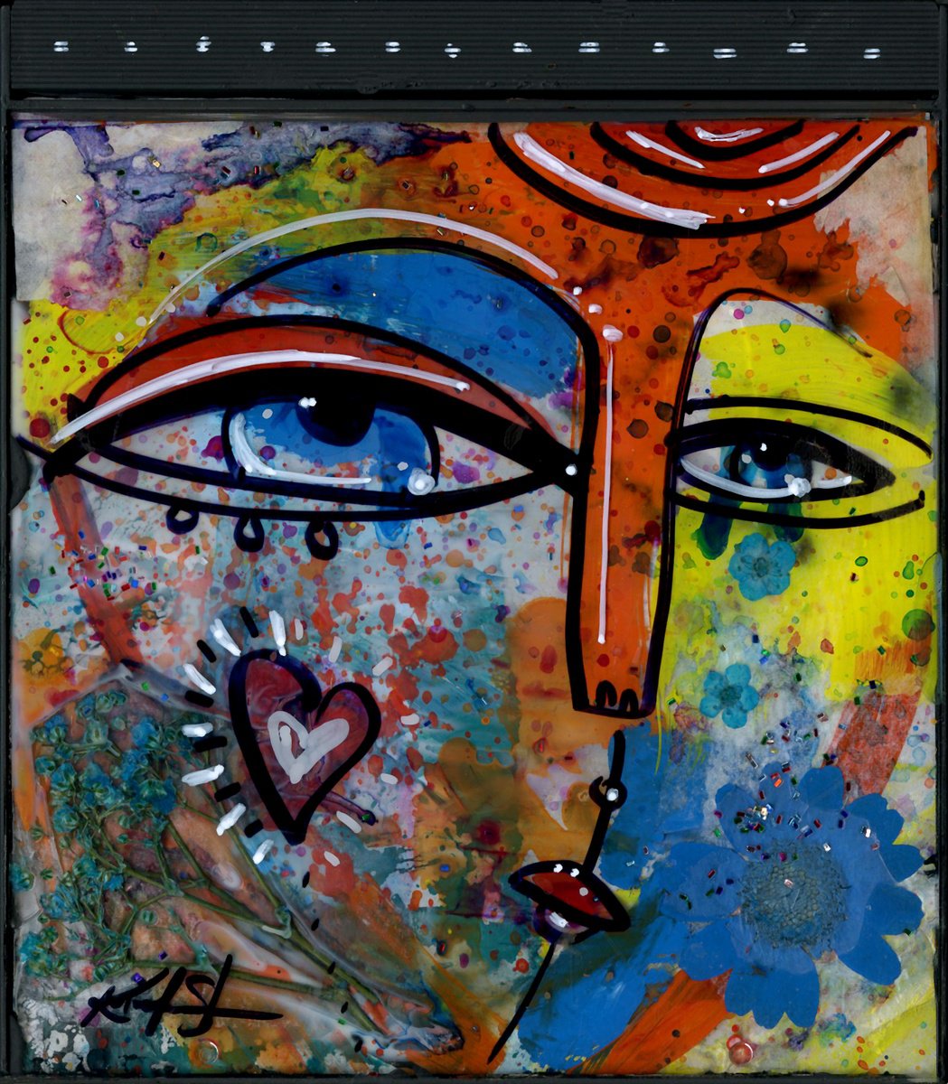 Mixed Media Funky Face 3 - Altered Cd Case Art by Kathy Morton Stanion