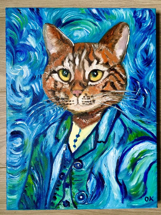 Cat Vincent Van Gogh inspired by his self-portrait on blue variations
