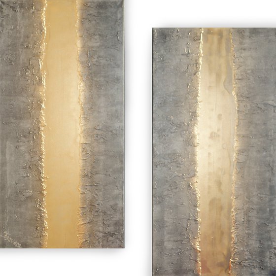 gold stripe & steel long painting A719 50x200x2 cm decor Vertical original abstract art Large paintings stretched canvas acrylic art industrial metallic textured wall art