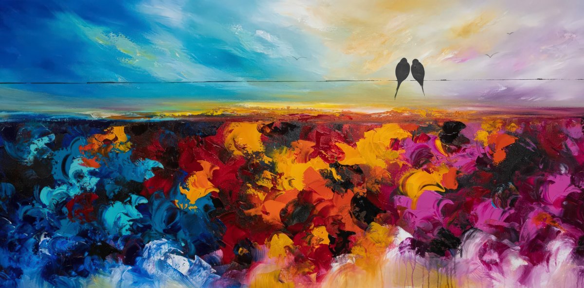 Abstract Animal Acrylic Painting By Art By Catalin, 59 X 30, Birds On A Wire 35, Original Artwork