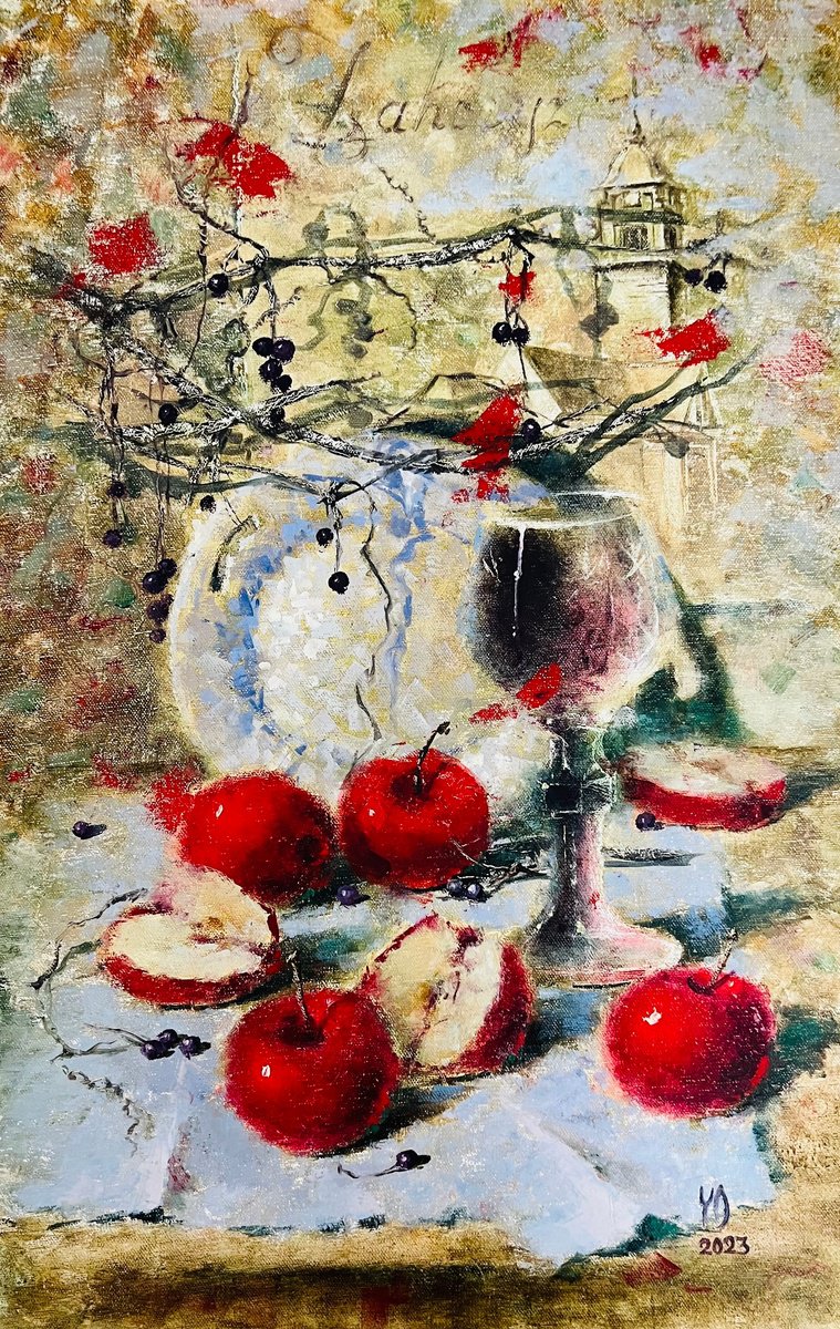 Impressionistic Still Life Oil Painting By Yulia Odukalets, 16 X 24", Red Apple Autumn Still Life, Original Artwork