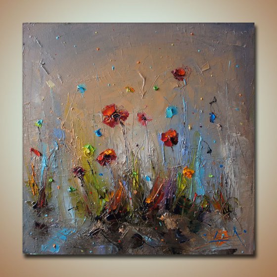 After the rain, Modern  landscape Poppies painting, free shipping