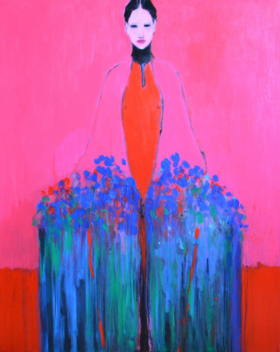 Abstract Portrait Acrylic Painting By Gela Mikava, 31 X 39, The Girl With Bouquet, Original Artwork