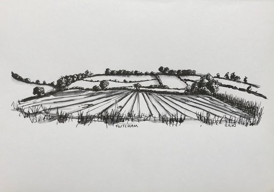 Autumn scene Norfolk Countryside Landscape Drawing in Pen and Ink - Traditional English Landscape