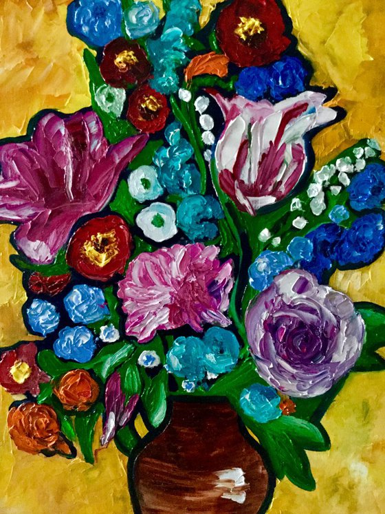 Bouquet of abstract flowers in a vase Tulips, roses palette knife painting yellow pink blue purple bouquet modern wall decor present idea