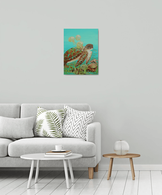 Sea Turtle, Jellyfish Acrylic Painting on Canvas 24"x18". Sea Life Modern Art (2020)