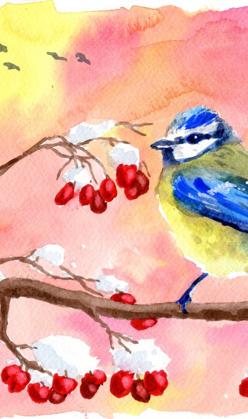 Blue Tit and Winter Berries by Lisa Mann