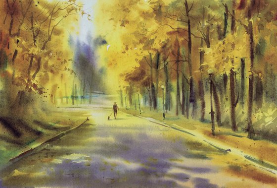 Walk in the autumn park. Watercolour landscape by Marina Trushnikova