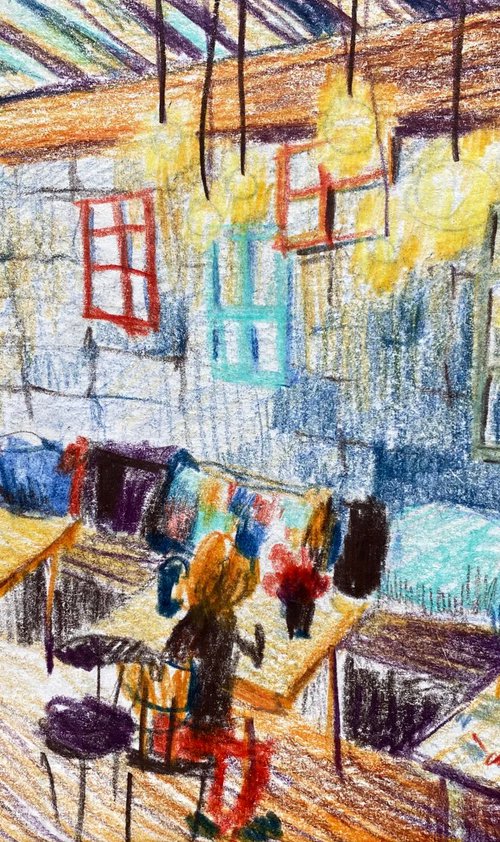colorful cafe - pencil drawing by Anna Boginskaia
