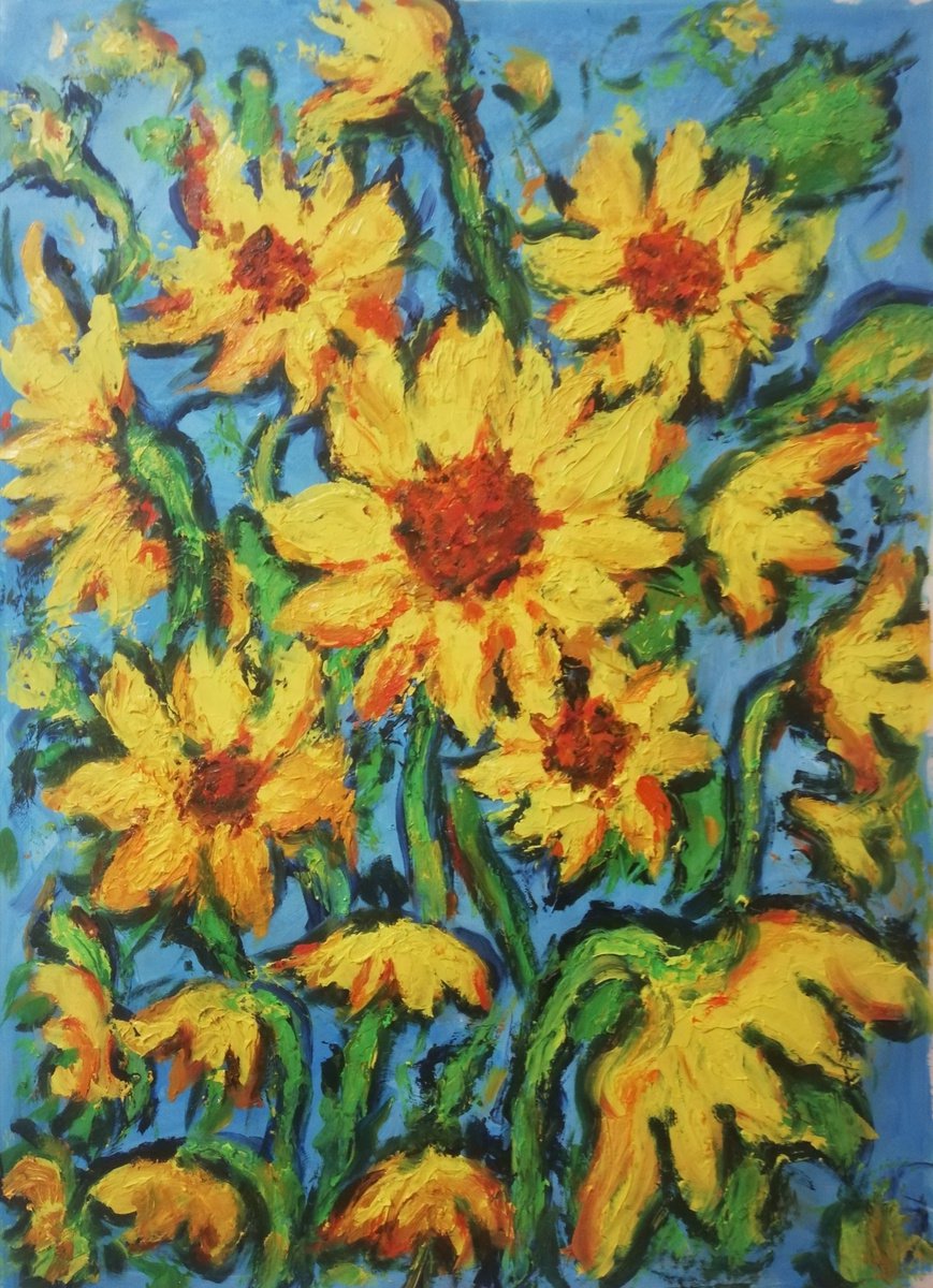 Abstract Still Life Oil Painting By Nelaart, 16 X 23", Sunflowers, Original Artwork