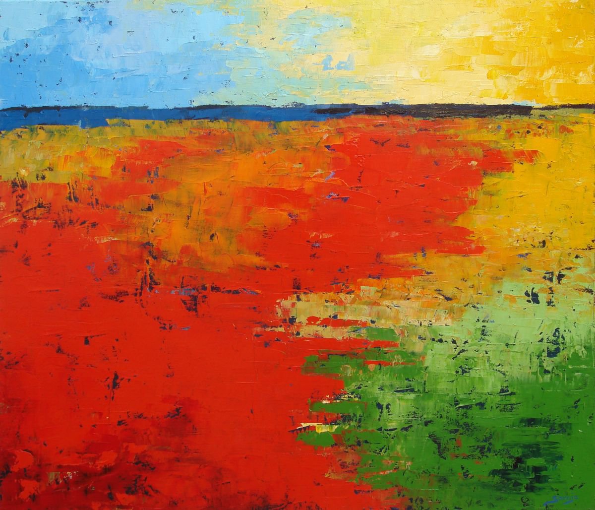 Abstract Landscape Oil Painting By Saroja Van Der Stegen, 26 X 21", Red Beach (Ref#:1176-12F), Original Artwork