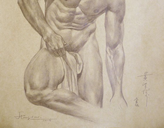 ORIGINAL DRAWING PENCIL  ART MALE NUDE MAN ON BROWN PAPER#16-6-17-02